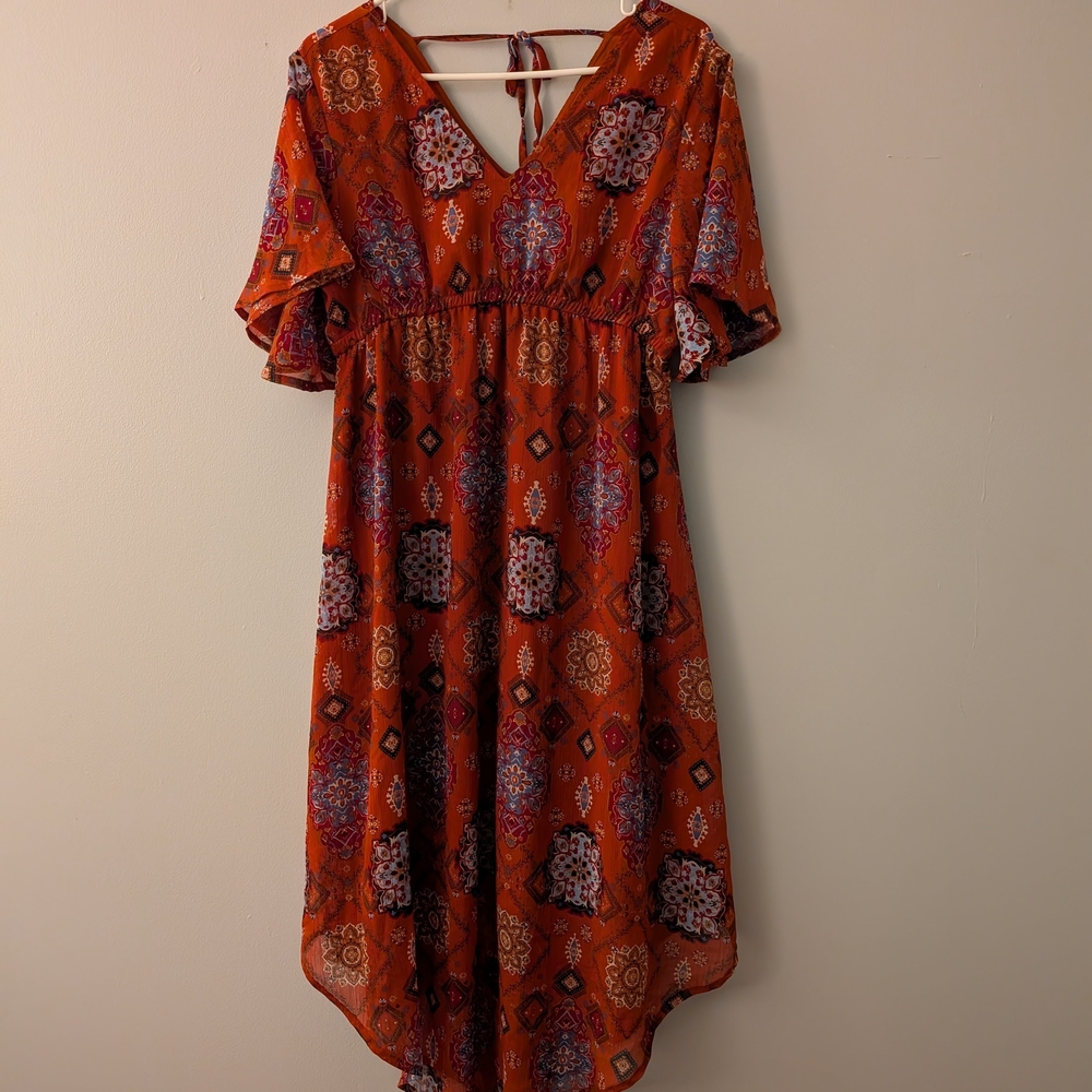 Maurices High-Low Midi Dress in Orange and Blue Medallion Pattern